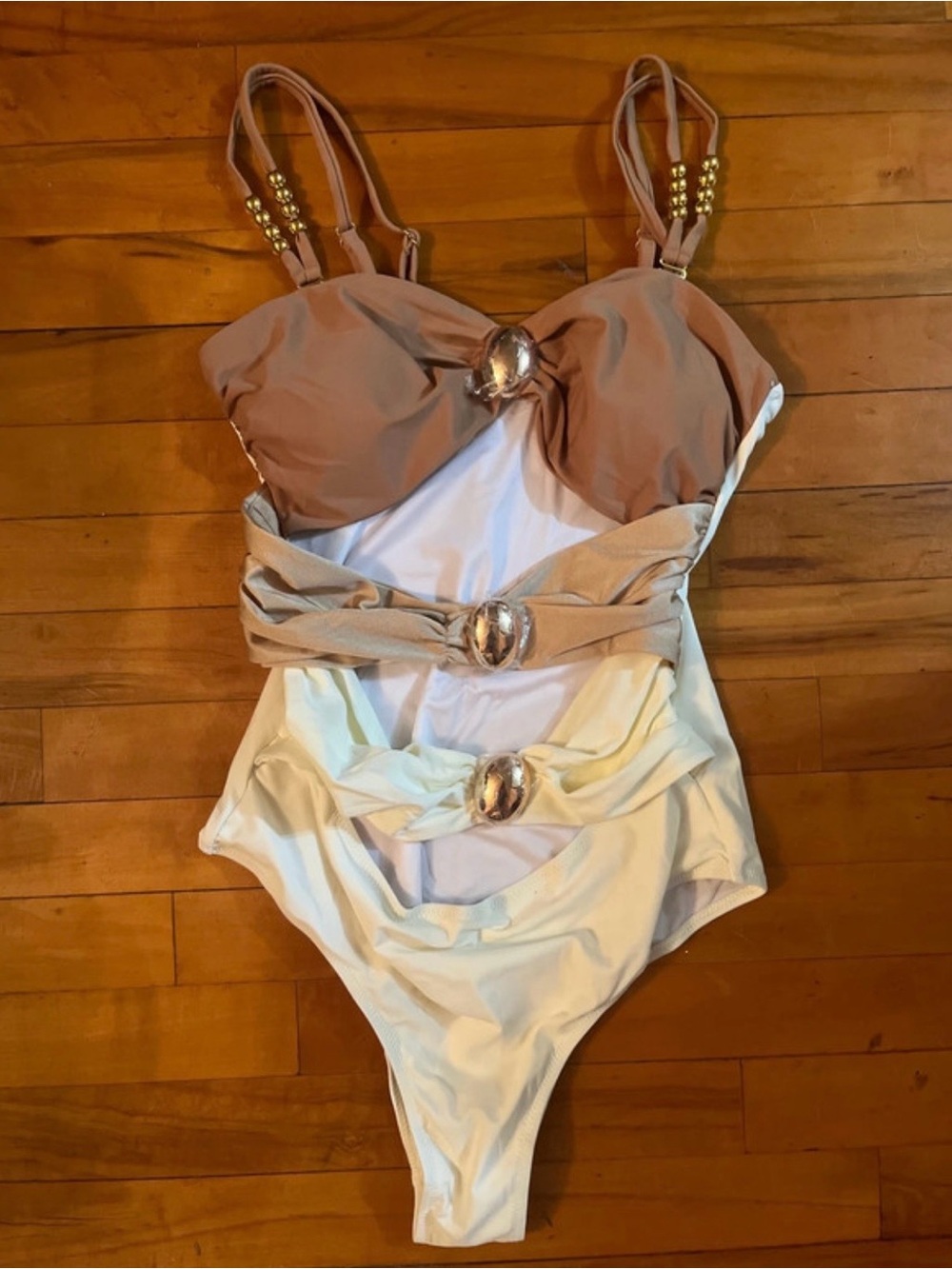 Girls' Two-Tone Taupe & Cream One-Piece Swimsuit with Decorative Rings